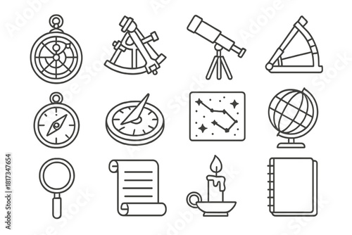 Astronomical Tools Icons. Line style icons of Astronomical Tools: Astrolabe, Sextant, Telescope, Quadrant; Compass, Sundial, Star