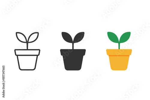 Minimal Plant Pots. Minimalist plant pot icon: three identical flower pots with small plants in a row, first in line style with