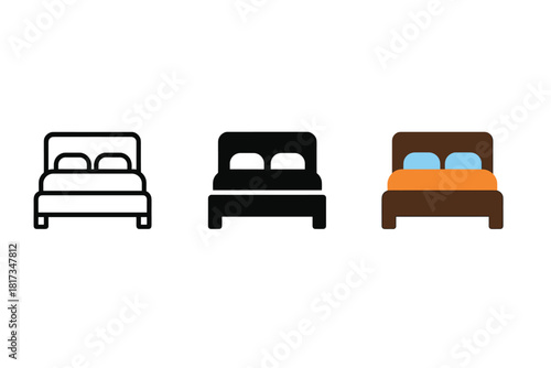 Minimalist Bed Icons. Minimalist bed icon: three identical beds with headboards in a row, first in line style with thin outline,