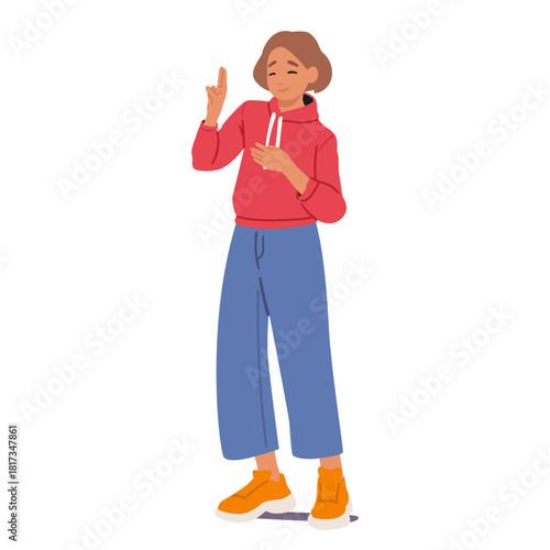 Cool teenage girl cartoon character promising with oath hand gesture isolated full-length portrait