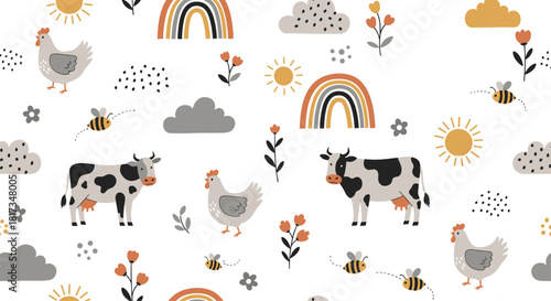 Cute seamless farm pattern with cartoon cows chickens bees and boho rainbows in a playful scandinavian style for children.
