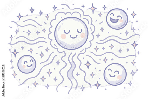 Smiling Higgs Boson. Magical doodle Higgs field with a smiling Higgs boson, cartoon particles gaining happy mass, sparkling energy