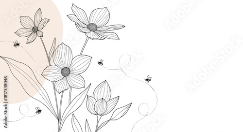 Elegant botanical background with hand-drawn line art flowers and flying bees with copy space for text on the right side.