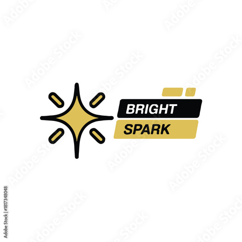A graphic design of a bright spark logo with a star and text on a white background space around it