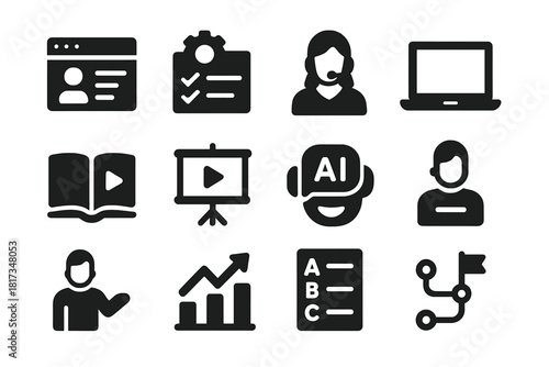 EdTech Solid Icons. Solid style icons of Educational Technology: adaptive lesson, automated assessment, virtual instructor, laptop