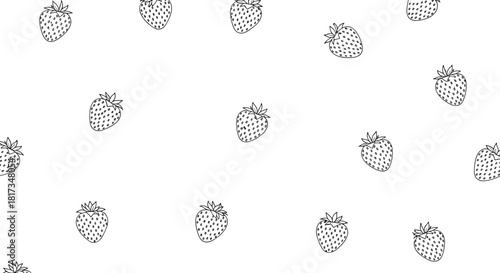 Simple seamless pattern of cute hand-drawn strawberries in a minimalist black and white outline style on a clean background.