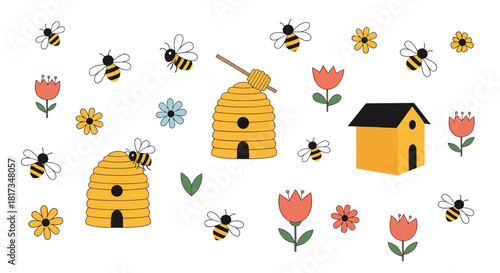 Adorable collection of bee-themed clip art with cute bees beehives colorful flowers and a house isolated on white background.