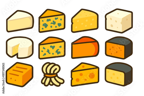 Cheese Texture Icons. Flat vector icons of Cheese Textures: soft brie, semi-soft blue, hard parmesan, crumbly feta, creamy