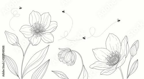 Beautiful horizontal banner with detailed hand-drawn line art flowers and flying bees in an elegant and delicate art style.