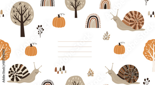 Cute autumn memo page template with cartoon snails pumpkins boho rainbows and a lined space for notes in the center.