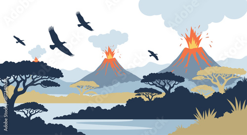 Dramatic landscape illustration of erupting volcanoes with flying birds over a savanna of acacia trees and a calm lake.