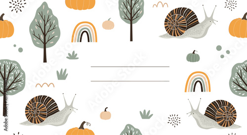 Cute autumn themed frame or note card with cartoon snails pumpkins and boho rainbows with a space for text in the center.