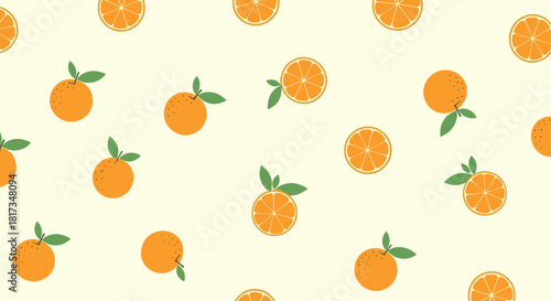 Fresh and juicy seamless pattern with cartoon oranges and orange slices on a light yellow background for a summery vibe.