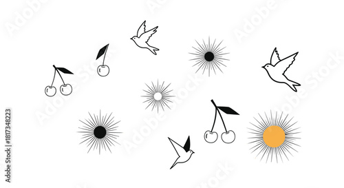 Minimalist collection of hand-drawn vector elements including cute birds cherries and sunbursts in a simple line art style.