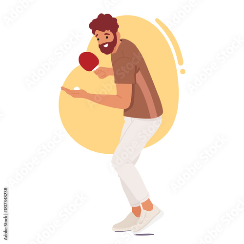 Happy guy cartoon character with racquet playing ping pong tennis cartoon scene bubble design