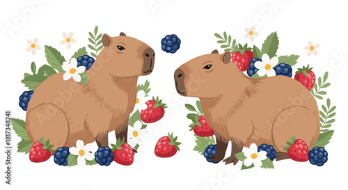 Charming illustration of two cute capybaras sitting among a wreath of fresh strawberries blackberries and white flowers.