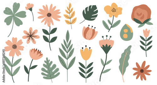 A beautiful collection of hand-drawn stylized flowers and leaves in a muted boho color palette isolated on a white background.