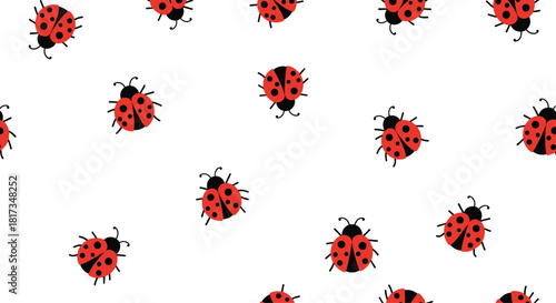 Cute seamless pattern of red cartoon ladybugs with black spots scattered randomly on a clean white background for children.