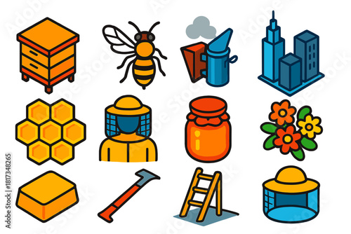 Urban Beekeeping Icons. Isometric vector illustration set Urban Beekeeping: hive box rooftop, bee insect, smoker spray, skyline