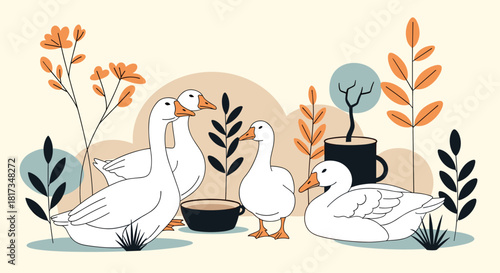 A charming flat vector illustration of four white geese resting in a stylized natural setting with abstract plants and shapes.