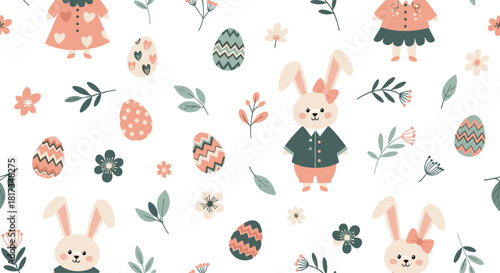 Sweet seamless Easter pattern with cute bunnies in vintage outfits decorated eggs and spring flowers on a white background.