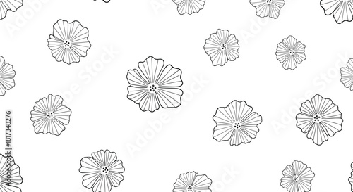 Seamless vector pattern of beautiful hand-drawn cosmos flowers in a delicate black and white line art style on a clean background.