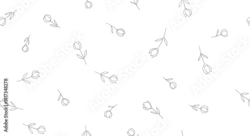 Simple seamless floral pattern featuring small scattered hand-drawn tulips in a sketchy gray line art vector illustration.