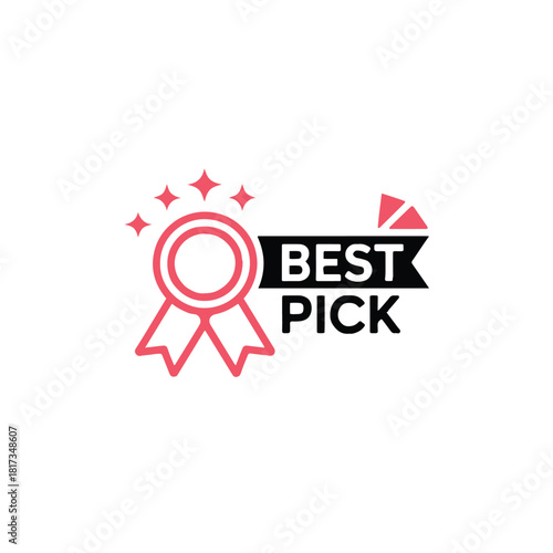 Illustration of best pick badge with stars and ribbon in pink and black on a white background