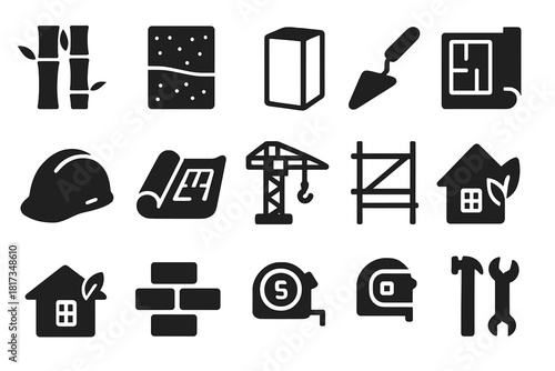 Sustainable Building Icons. Solid style icons of Sustainable Building: bamboo structure, rammed earth, hempcrete panel, trowel,