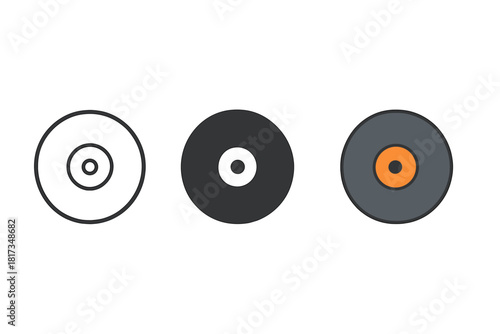 Minimalist Vinyl Icons. Minimalist vinyl record icon: three identical round vinyl discs with a small center hole in a row, first