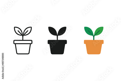 Garden Growth Icons. Minimalist gardening hobby icon: three identical small plants growing in pots in a row, first in line style