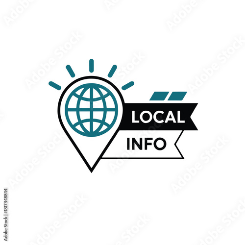 Illustration of a location pin with globe inside and local info text on a black banner