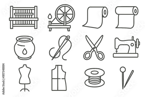 Clothing Production Icons. Line style icons of Clothing Production: Loom, Spinning Wheel, Fabric Roll, Dye Pot; Needle, Thread,