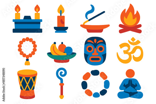 Vibrant Ritual Icons. Flat vector icons of rituals: altar, candle, incense stick, ceremonial fire, prayer beads, offering plate,