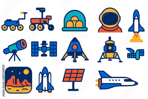 Space Exploration Icons. Flat vector icons of space exploration: Mars rover, space colony dome, astronaut helmet, rocket launch,