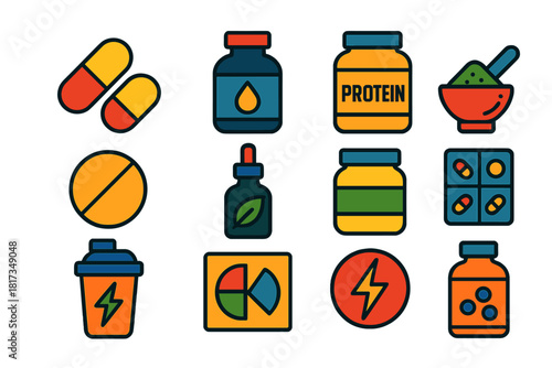 Dietary Supplement Icons. Flat vector icons of dietary supplements: vitamin capsules, omega-3 bottle, protein powder, green powder