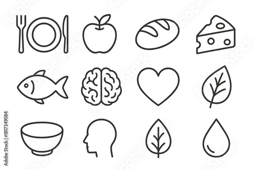 Nutritional Icons Design. Line style icons of Nutritional Psychology: Plate, Fork, Knife, Bowl; Apple, Bread, Cheese, Fish; Brain,