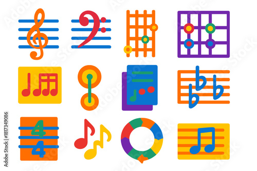 Music Theory Icons. Flat vector icons of music theory: treble clef, bass clef, chord chart, scale diagram, rhythm notation,