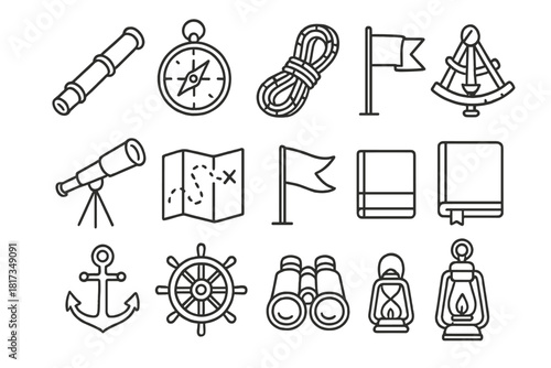 Exploration Gear Icons. Line style icons of Exploration Equipment: Spyglass, Compass, Rope, Sextant; Telescope, Map, Flag, Logbook