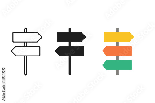 Diverse Road Signs. Minimalist road sign navigation icon: three identical rectangular road signs on poles in a row, first in line