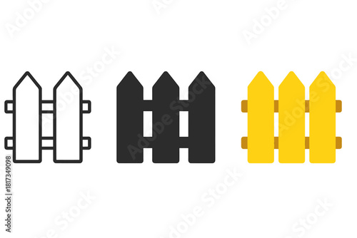 Minimalist Fence Icons. Minimalist fence garden icon: three identical wooden fences with vertical planks in a row, first in line