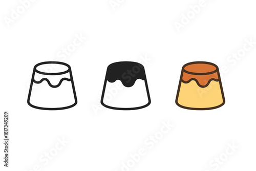 Minimalist Pudding Variations. Minimalist pudding dessert icon: three identical puddings with caramel topping in a row, first in