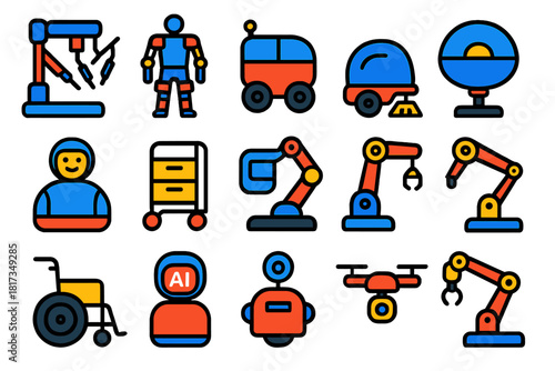 Robotic Icons Collection. Flat vector icons of medical and service robots: surgical robot, exoskeleton, delivery robot, cleaning