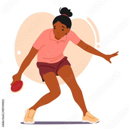 Talented teenage girl cartoon character playing with ping pong racquet enjoying competition match