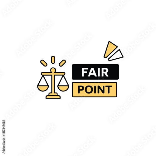 Illustration of scales of justice with fair point text and triangle graphic on white background