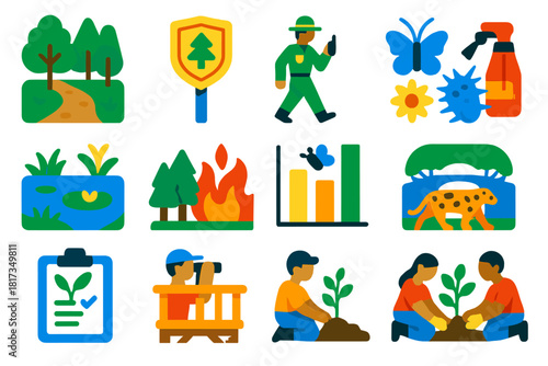Ecosystem Management Icons. Flat vector icons of ecosystem management: forest trail, protected area sign, ranger patrol, invasive