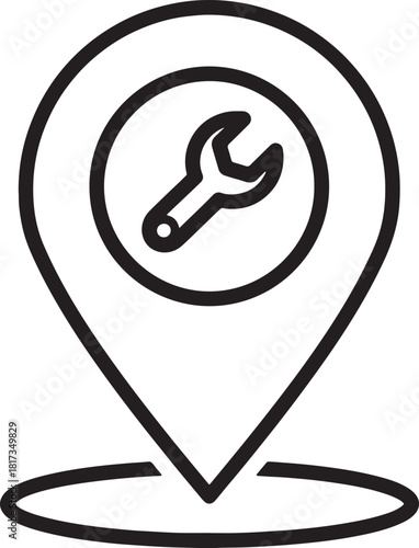 Black outline map pin icon with wrench inside circle location tool isolated on a white background.