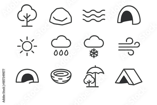 Environmental Adaptation Icons. Line style icons of Environmental Adaptation: Tree, Rock, Water, Cave; Sun, Rain, Snow, Wind;
