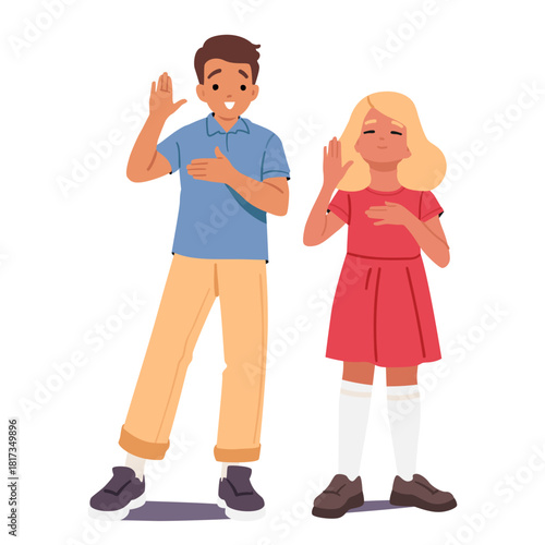 Boy and girl little preschool children cartoon characters promising with oath raising one palm