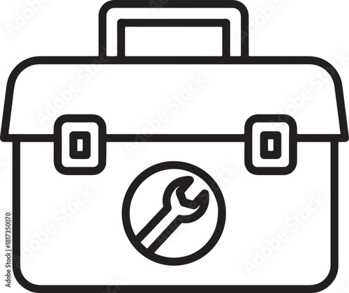Black vector art outline, line art toolbox icon design with wrench symbol isolated on a white background.